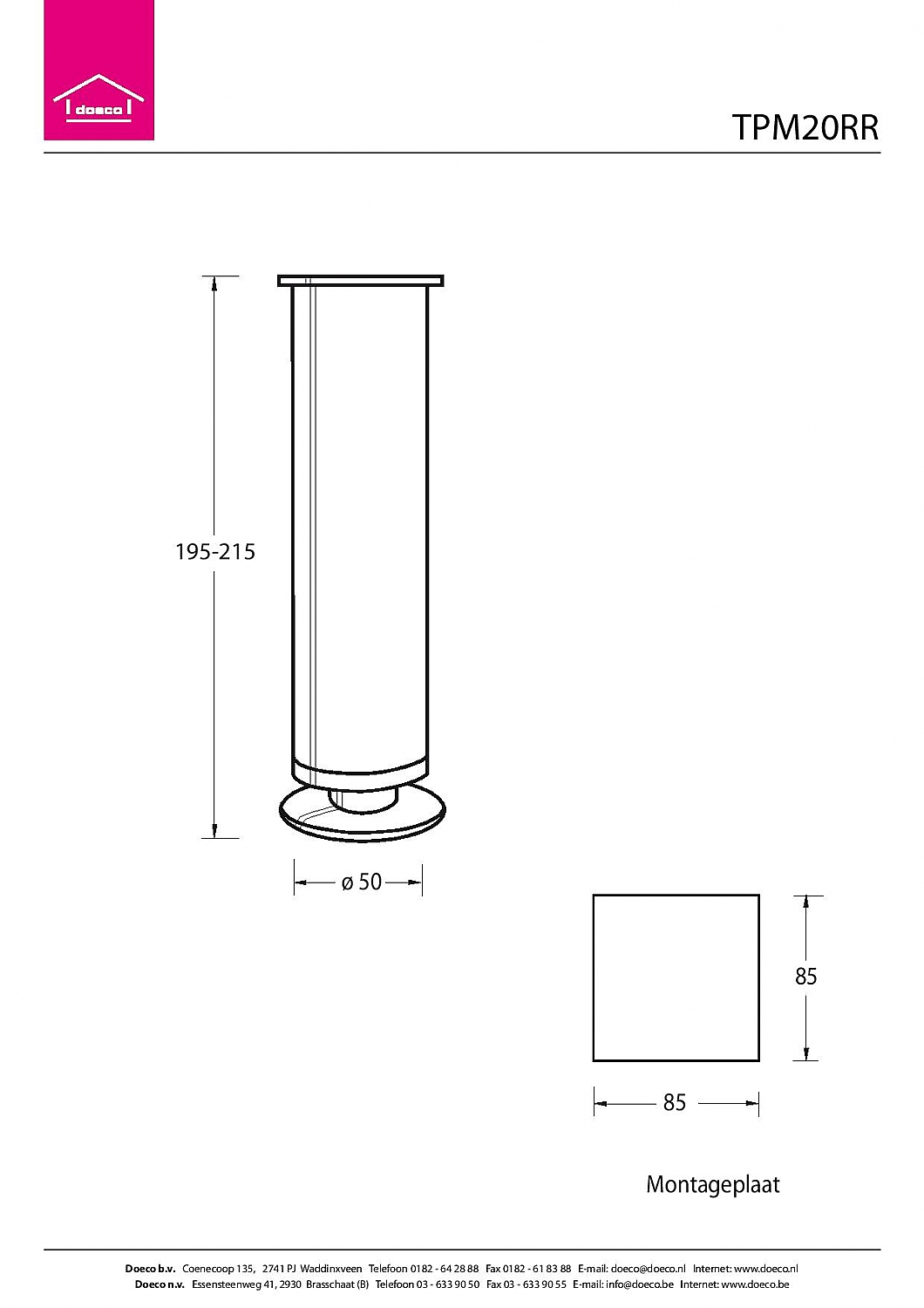 Tafelpoot Mini rond hoogte 195 - 215 mm kleur Rvs