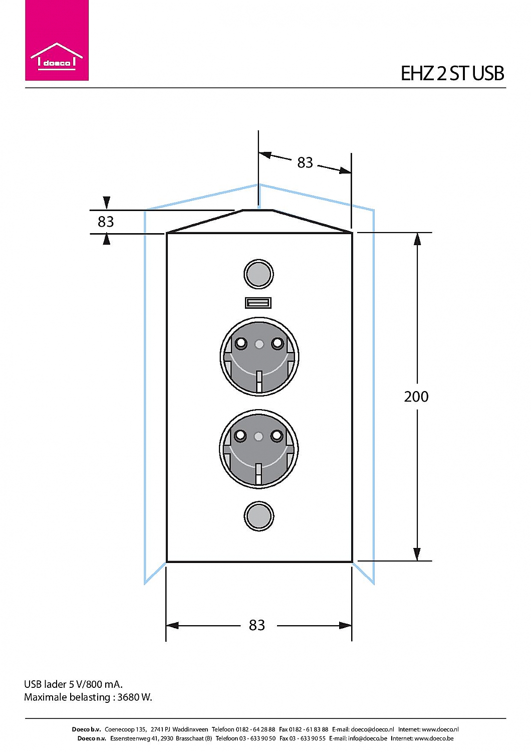 Stopcontact hoekzuil met 2 contactdozen met USB lader kleur Rvs