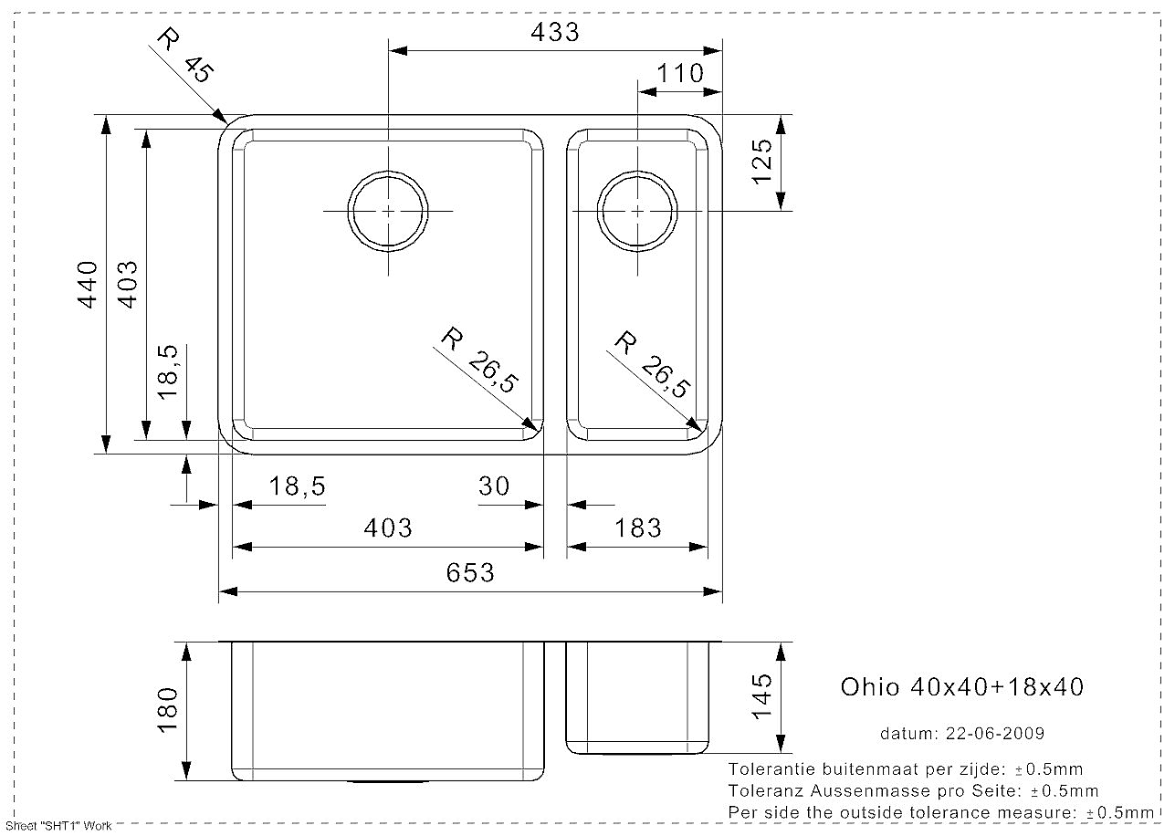 Reginox Ohio spoelbak 40x40+18x40 (L) vlakbouw RVS R17593