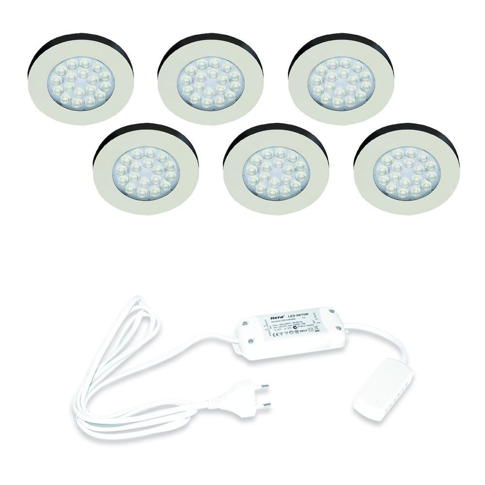 Hera ER-WI LED set van 6 inbouw spots met trafo 24V/15W RVS-look