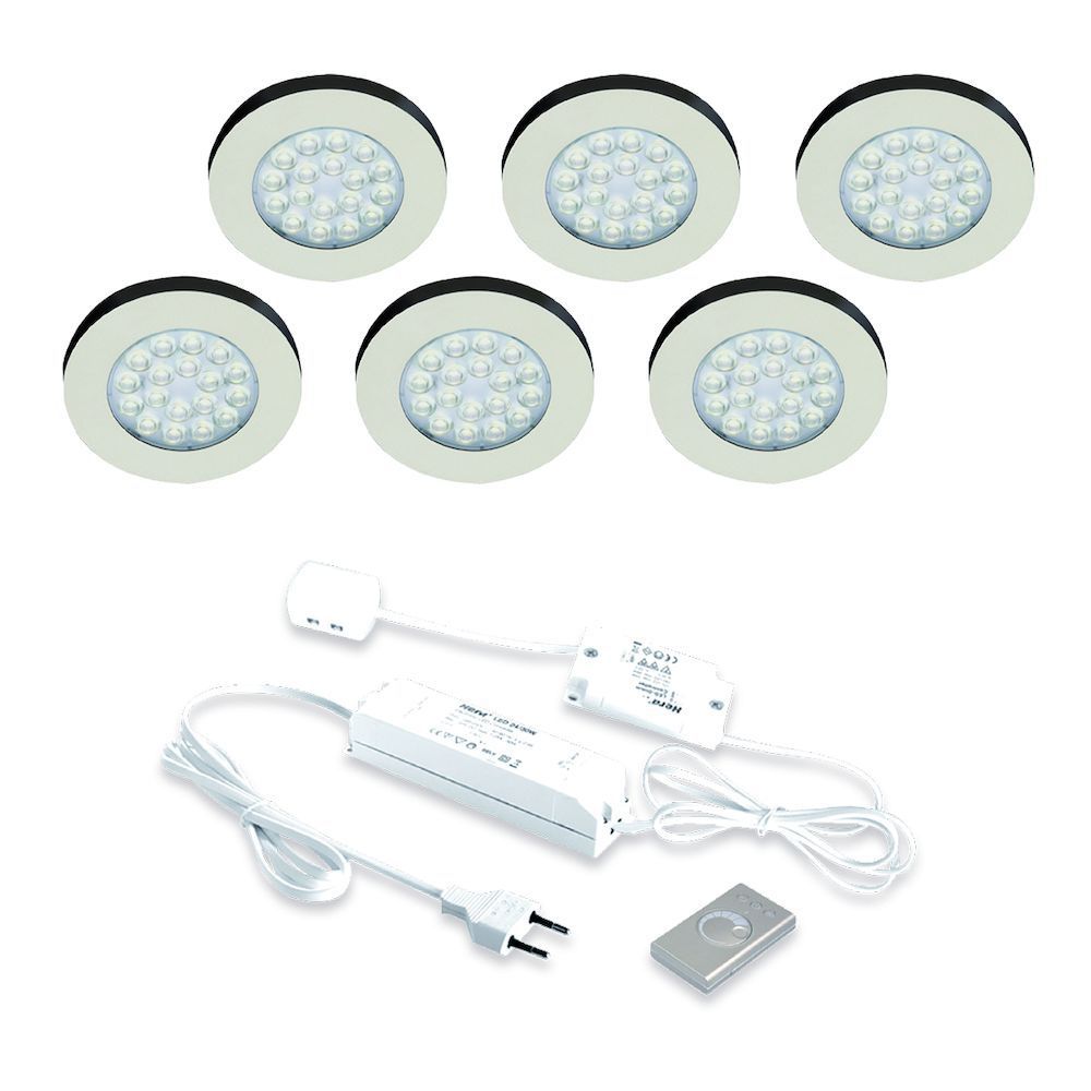 Hera ERWI LED set van 6 onderbouw/opbouw spots met dimmer 24V/15W RVS