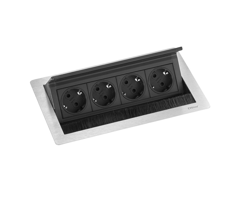 Schulte Stopcontact Evoline Fliptop Push 4st met 4 contactdozen. Belgisch kleur Rvs