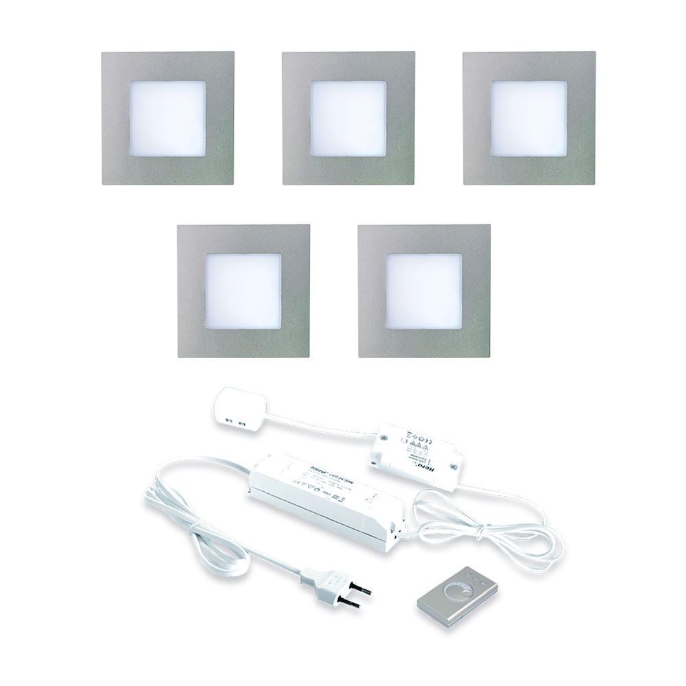 Hera LED 24V Inbouw set FQ-68 5 Spot +Dimmer kleur Rvs-Look