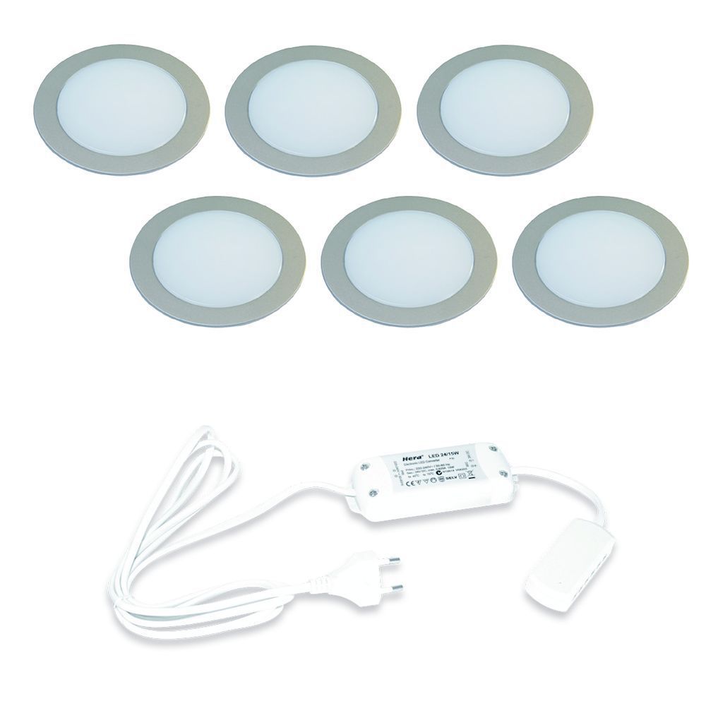 Hera FR-68 LED set van 6 inbouw spots met trafo 24V RVS-look