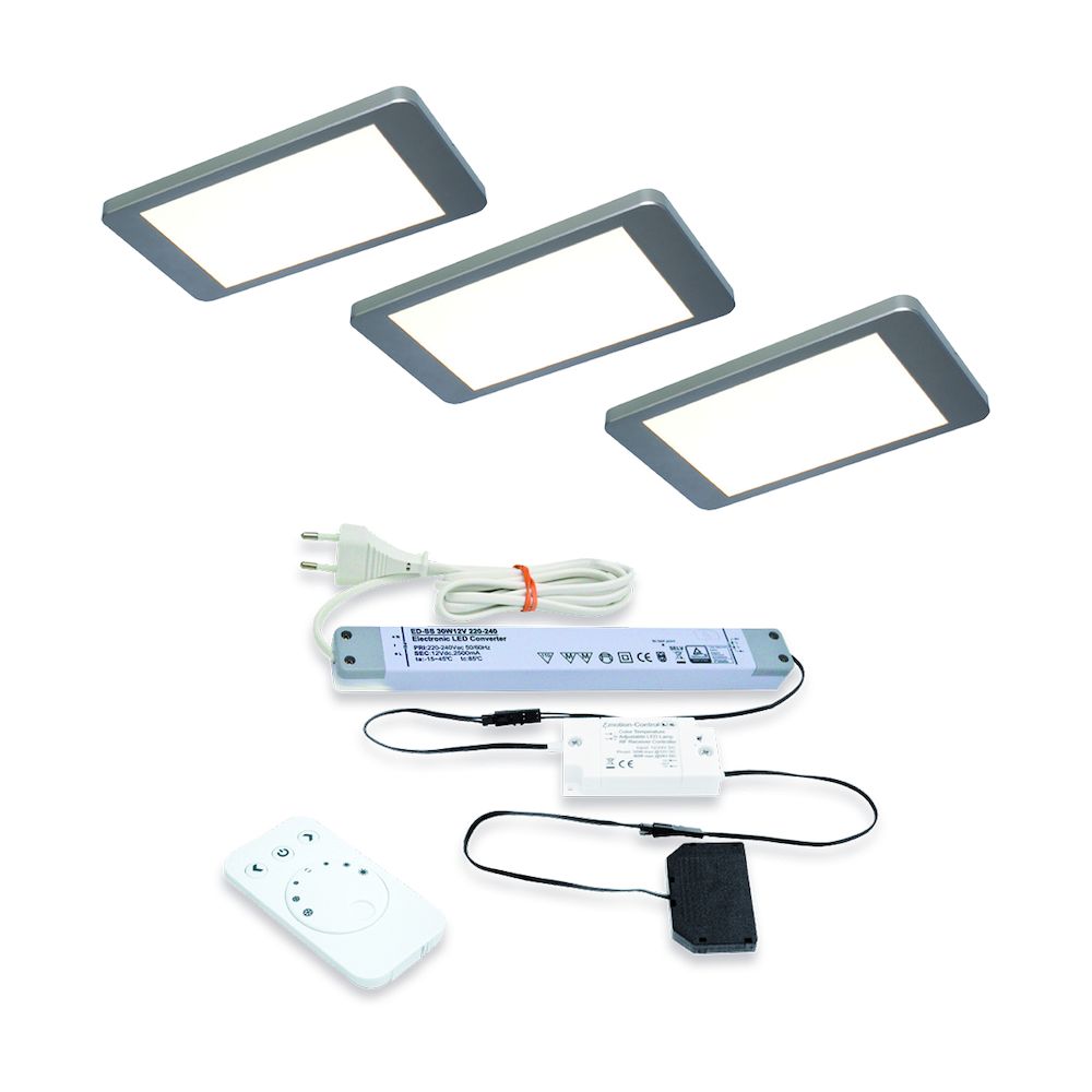 IP Emotion Led set van 3 spots met dimmer onderbouw 12V/30W RVS look