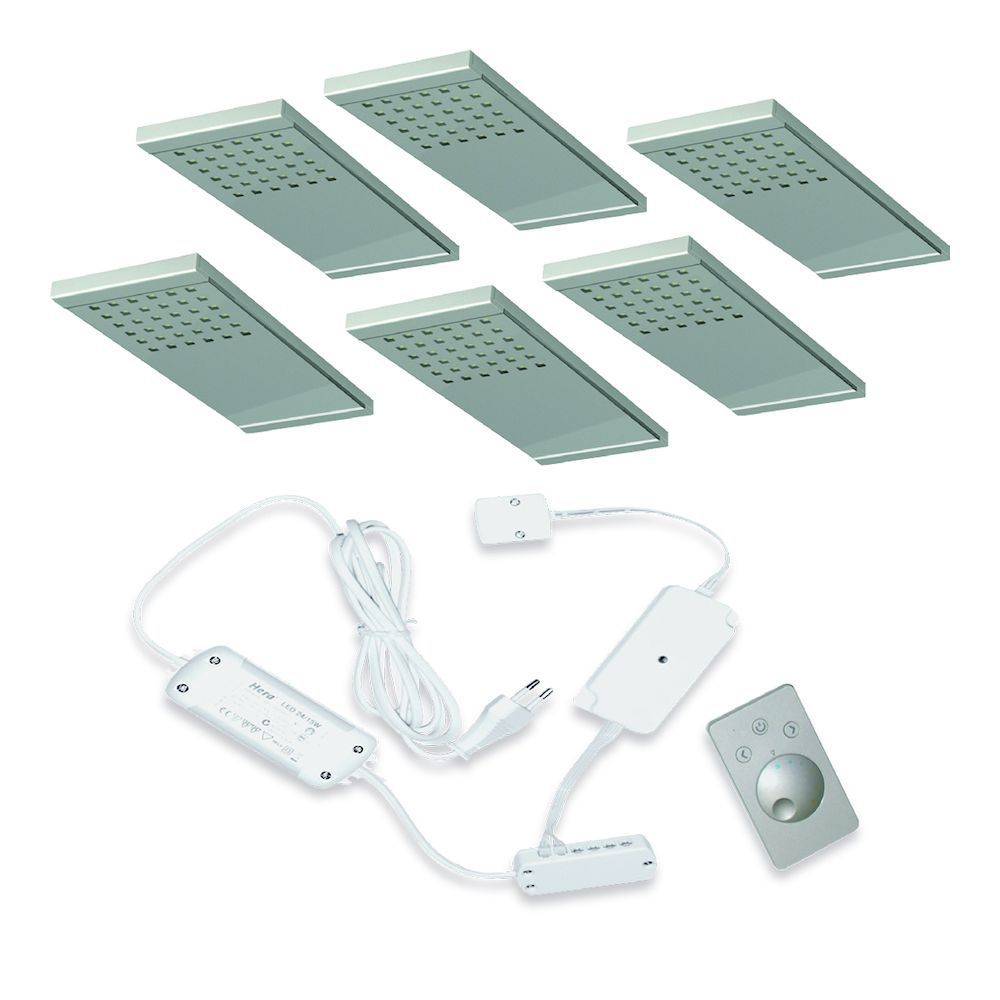 Hera L-Pad Dynamic LED set van 6 onderbouw spots met (dimbare) led trafo, met kleur/dim-controller en afstandsbediening RVS-look