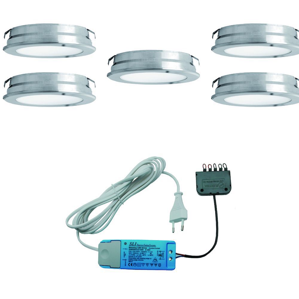 LED 12V Inbouw set Round Plate 5 Spots kleur Rvs-Look