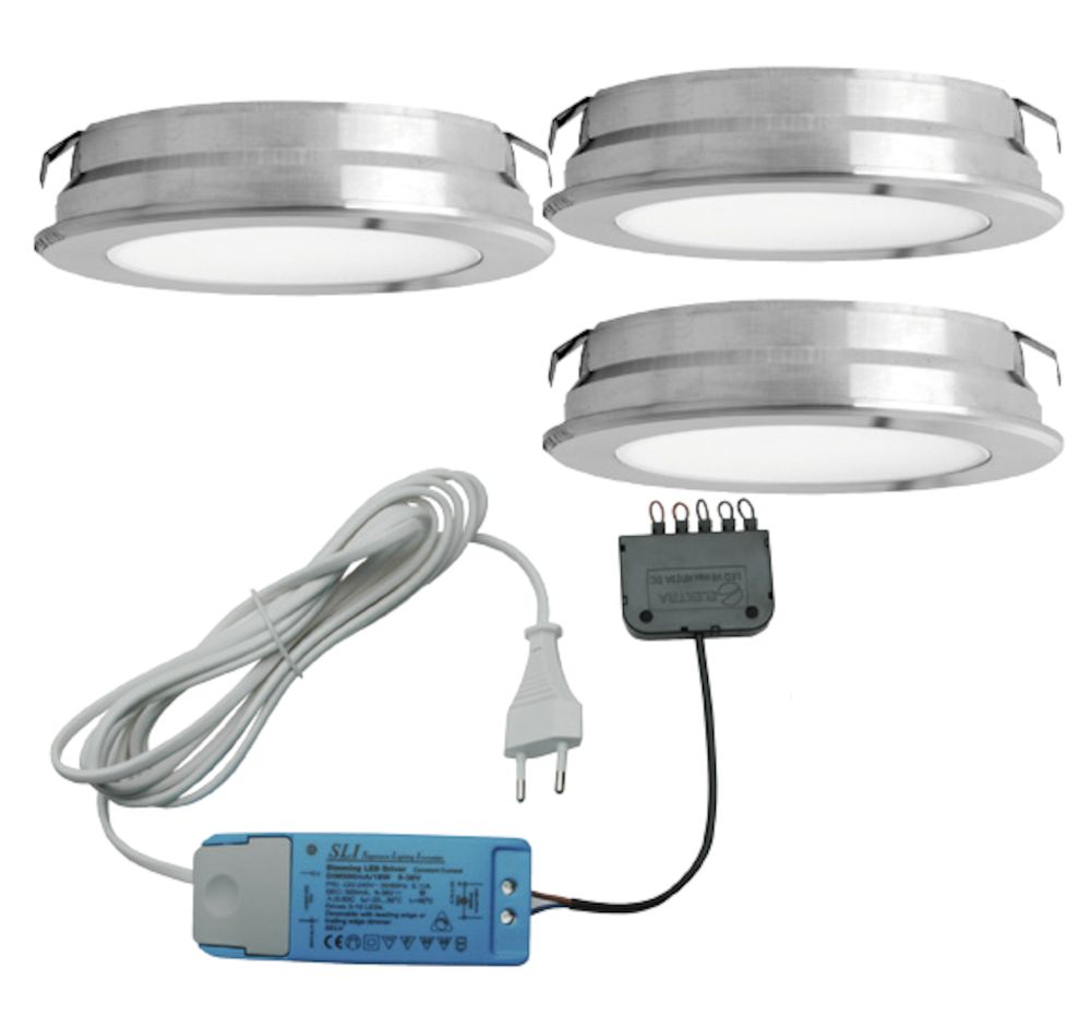 Round Plate Led set van 3 spots met dimmer inbouw 500mA/18W Rvs-Look