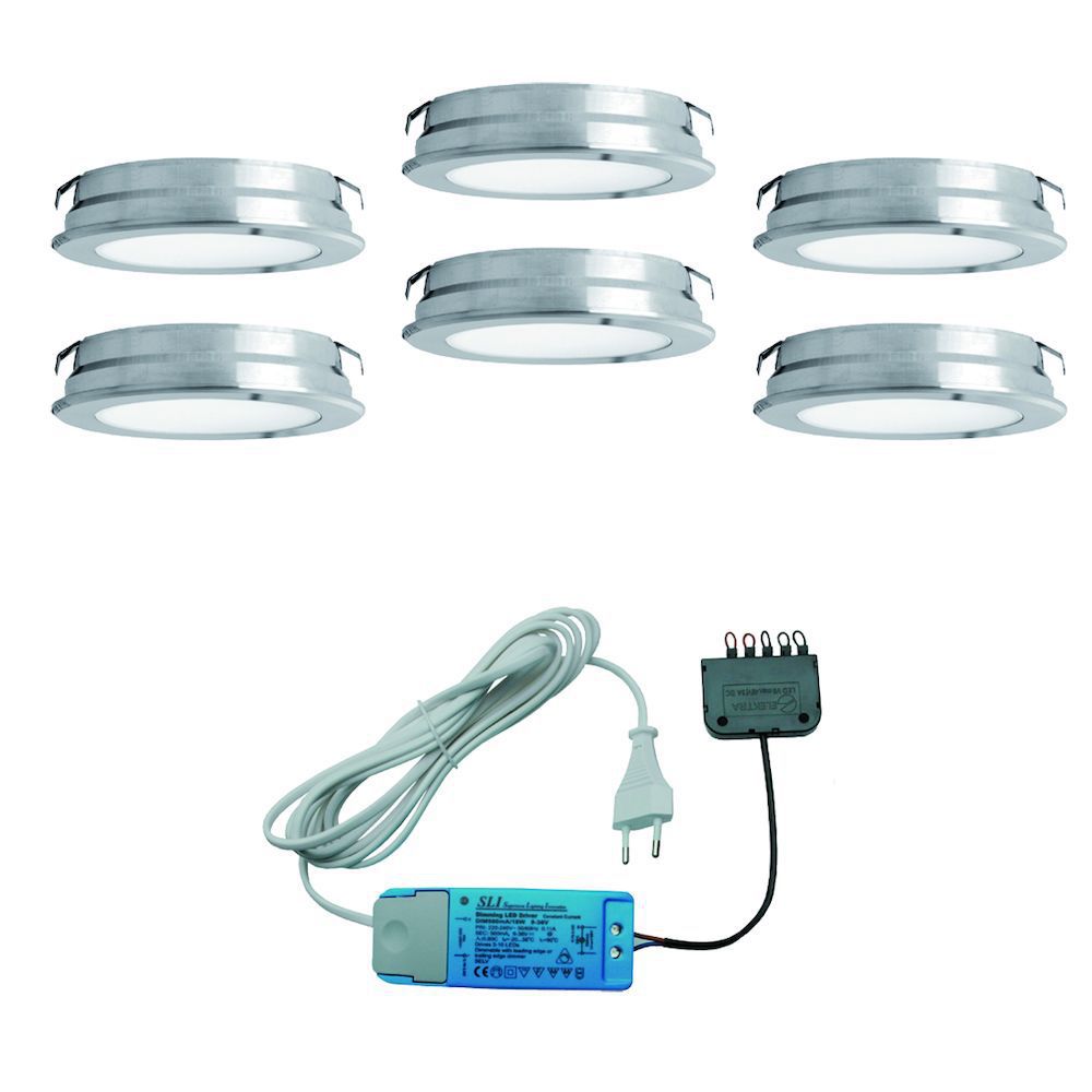 Elektra Round Plate LED set van 6 inbouw spots met (dimbare) led trafo 12V RVS-look