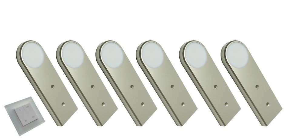 Sirio Emotion LED set van 6 spots met emotion kleur / dim wandschakelaar 12V RVS-look