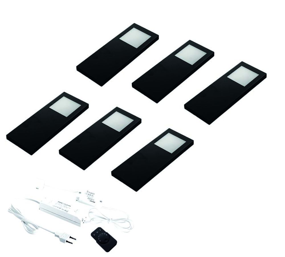 Slim pad F dynamic LED set van 6 spots met kleur/dim-controller met afstandsbediening 24V zwart
