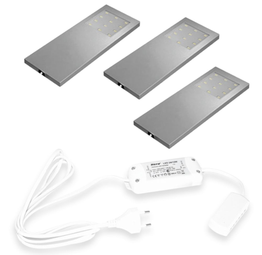 Hera Slim-Pad Led set van 3 spots met schakelaar onderbouw 24V/15W RVS look