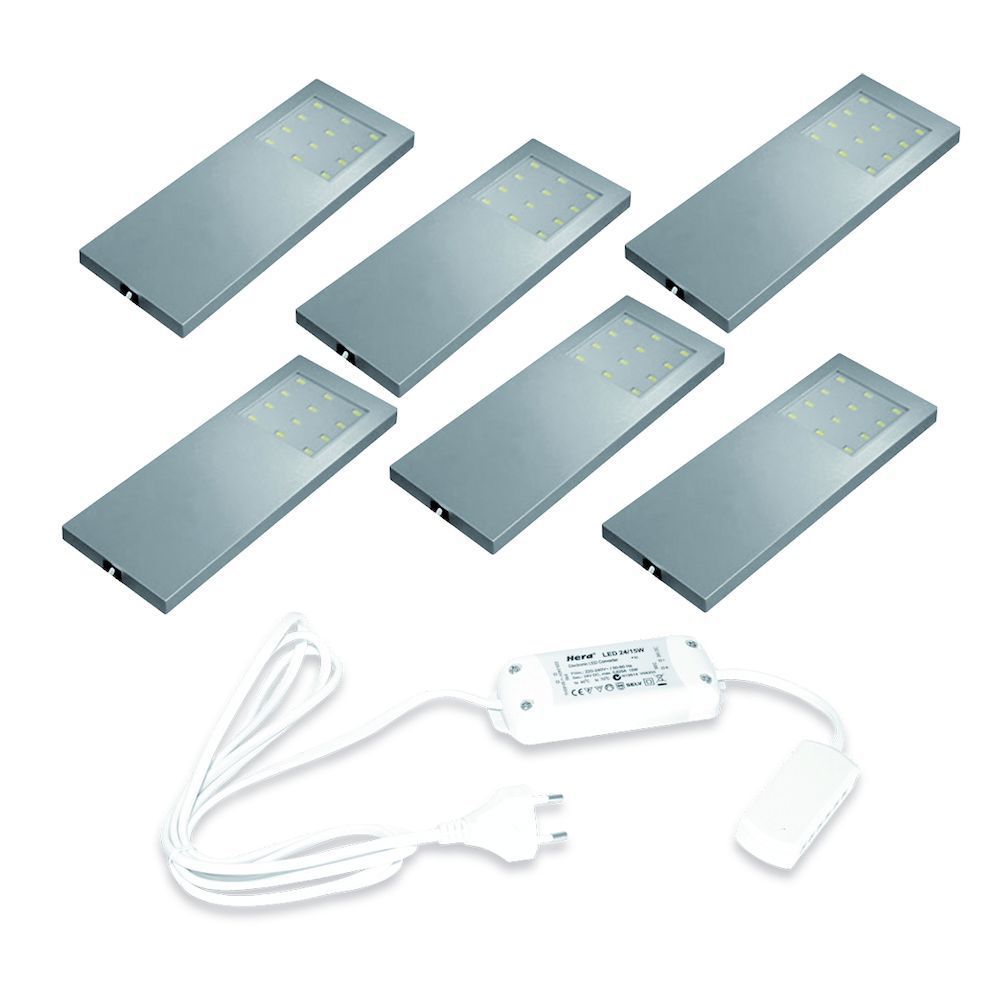 Hera Slim-Pad LED set van 6 onderbouw spots met LED trafo 24V RVS-look