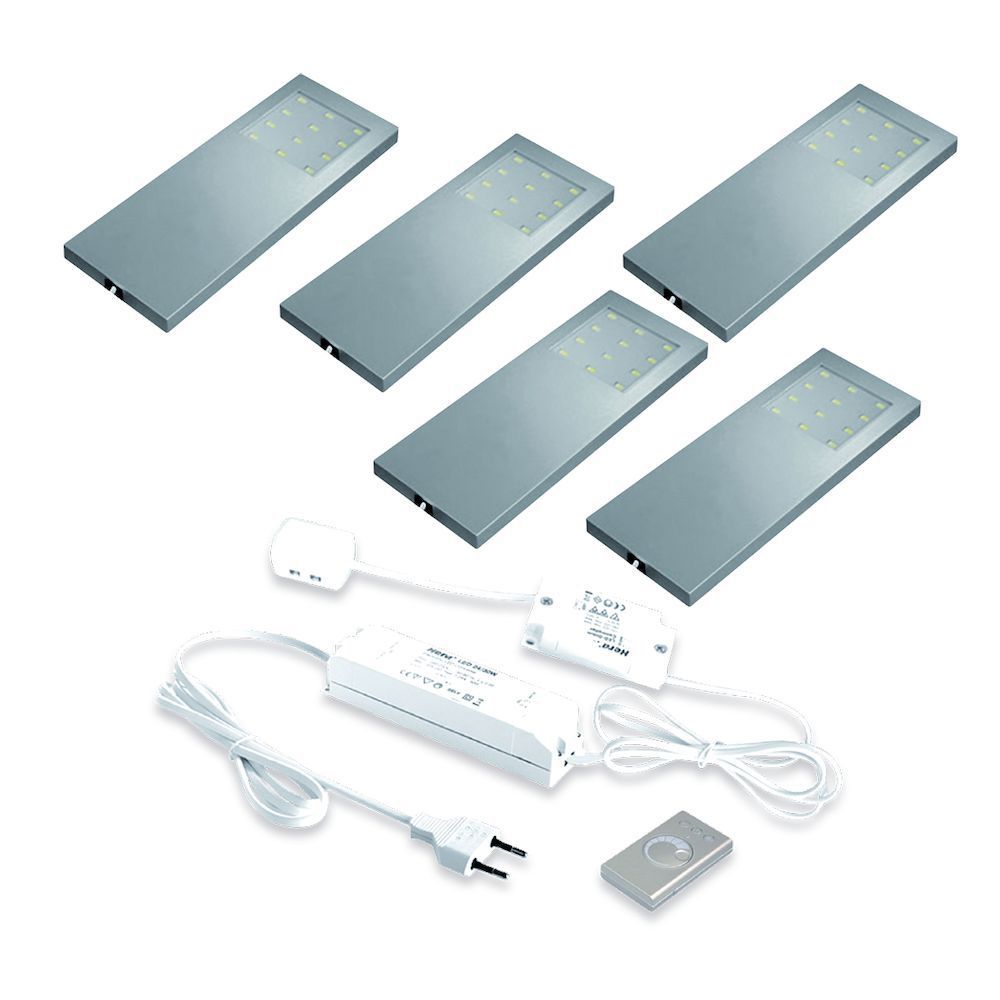 Hera LED 24V Onderbouw set Slim-Pad 5 Spots +Dimmer kleur Rvs-Look