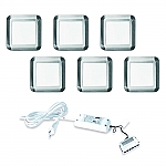Elektra Quadro LED set van 6 onderbouw spots met (dimbare) led trafo 12V RVS-look Elektra Quadro LED set van 6 onderbouw spots met (dimbare) led trafo 12V RVS-look