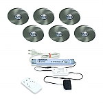 Super Light Emotion LED set van 6 inbouw spots met kleur/dim-controller en afstandsbediening 12V/30W RVS-look