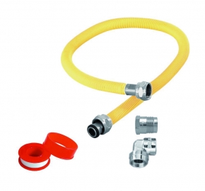 Aansluitmateriaal RVS gasslang 600mm geel met aansluitnippels haaks/recht met tape gastec